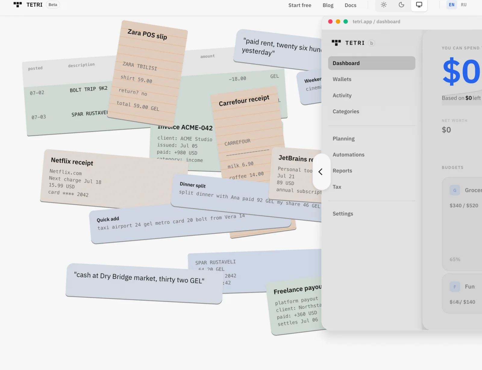 Tetri turns bank exports, receipts, typed notes and dictation into one reviewable financial history.